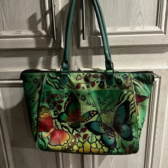 Anuschka Hand-Painted Butterfly Design Green Leather Tote - Picture 16 of 16